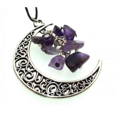 Silver Plated Crescent Moon Amethyst Chip Pendant